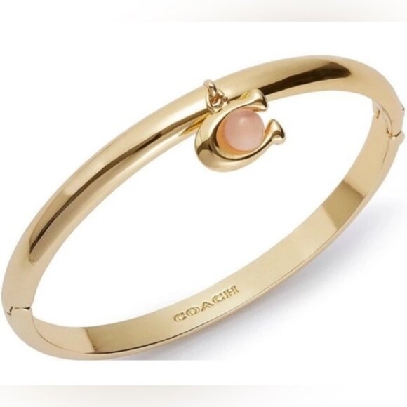NWT COACH Women’s Goldtone C Charm w/ Rose Quartz Bangle Bracelet - Picture 3 of 14
